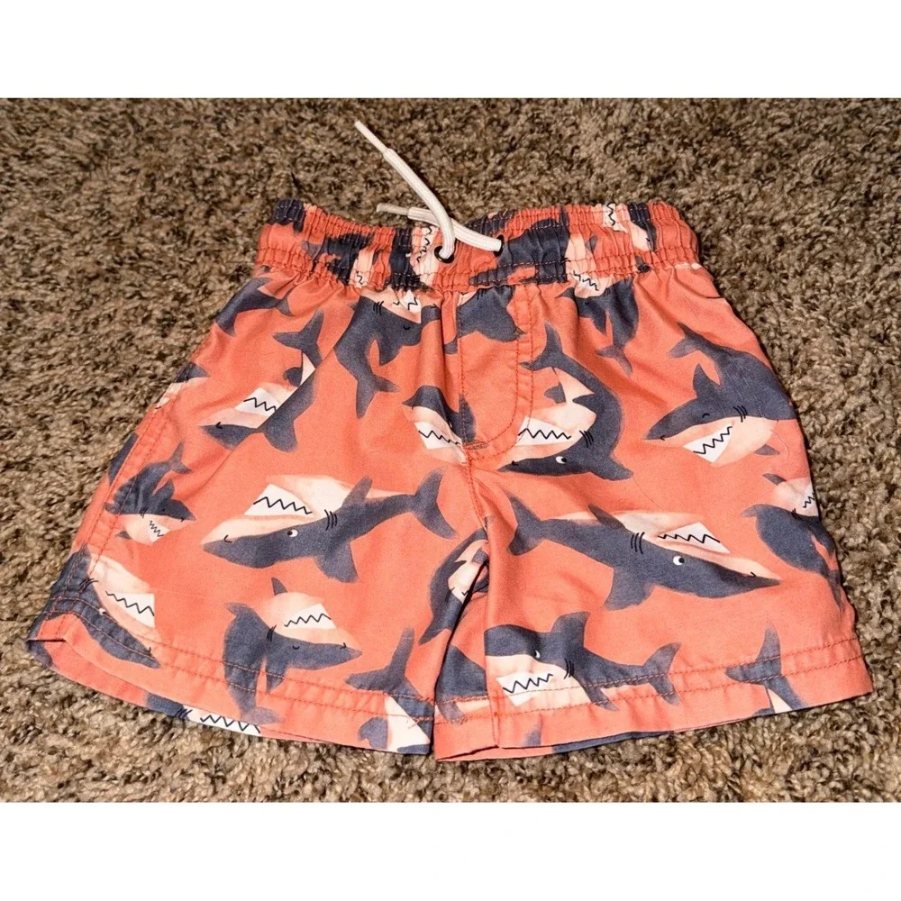 Just One You Orange Shark Pattern Swim Bottoms (Trunks) 18 Months & Sunglasses